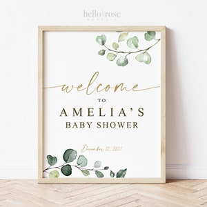 Baby Shower Welcome Sign Personalized . PRINTABLE Poster Decor Greenery and Gold . Digital Download G2