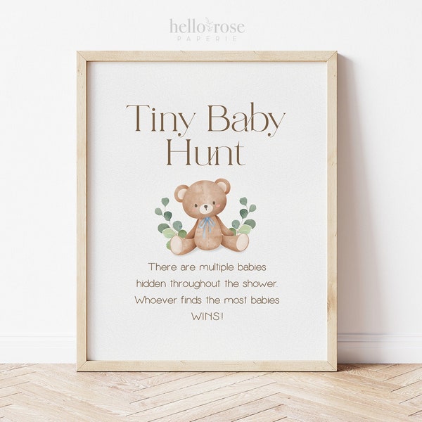 Tiny Baby Hunt Teddy Bear Printable Game Sign . Baby Shower Boy Blue . We Can Bearly Wait. Bear with Greenery . 8x10 Instant Download