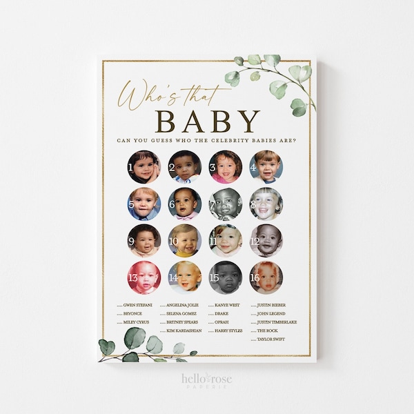 Who's That Celebrity Baby PRINTABLE Baby Shower Game . Greenery and Gold . Instant Download . G2