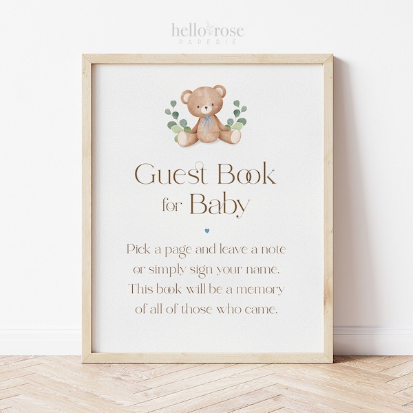 Pick a Page Baby Guest Book PRINTABLE Sign . Blue Boy Baby Shower . Teddy Bear and Greenery . We Can Bearly Wait . DIGITAL DOWNLOAD 8x10