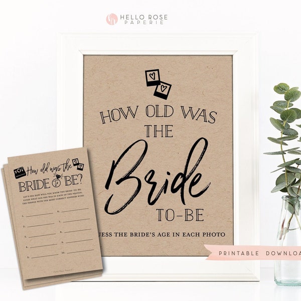 How Old was the Bride to Be Game Sign + Cards . Bridal Shower . Bachelorette Hens Party .  Kraft + Black White . Instant Download Printable