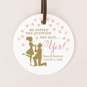He Popped the Question Circle Tags 2&quot; . She Said Yes . Pink and Gold Bridal Shower Engagement Stickers Favor Tags Cupcake Topper . Printable