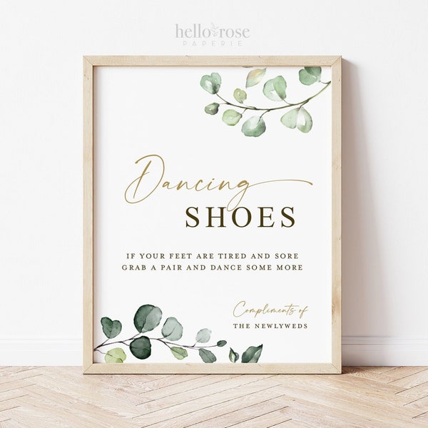 Tanzschuhe für Hochzeitsgäste. Tanzende Füße Flip Flop Gefälligkeiten druckbare Zeichen. Hochzeit Empfang Party Dekor. 8x10 Download Greenery G2