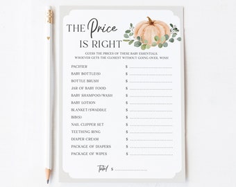 Price is Right Baby Shower Game Template . Little Pumpkin Greenery Boy Girl Baby. PRINTABLE Editable Template Instant Download Templett G2-T