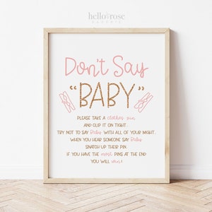Don&#39;t Say Baby Clothespin Shower Game Table Sign . Pink and Rose Gold . Girl Baby Shower Game . Printable 8x10 Instant Download . K4