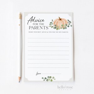 Advice for the Parents Baby Shower Card . Little Pumpkin + Greenery . Boy Girl. PRINTABLE Editable Template Instant Download Templett G2-T