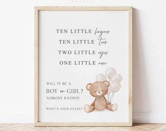 Gender Reveal Ten Little Fingers Toes Sign, What Will Baby Be, Bear with White Balloons, Boy Girl Baby Shower, Template Download Templett