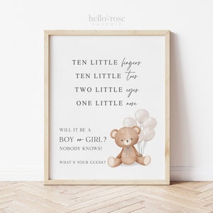 Gender Reveal Ten Little Fingers Toes Sign, What Will Baby Be, Bear with White Balloons, Boy Girl Baby Shower, Template Download Templett