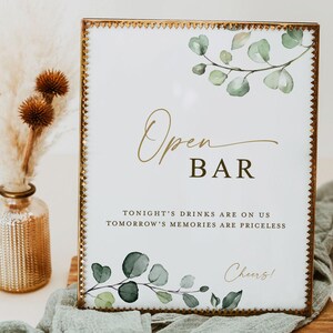 Open Bar Sign Printable . Greenery and Gold . Wedding Cocktails Bar . Engagement Bridal Shower Rehearsal Dinner Bachelorette Hens Party . G2