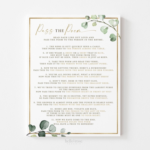 Pass the Poem Baby Shower Game . Baby Shower Girl Boy Rustic Boho . Gift Passing Poem . Printable 8.5x11 . Instant Digital Download . G2