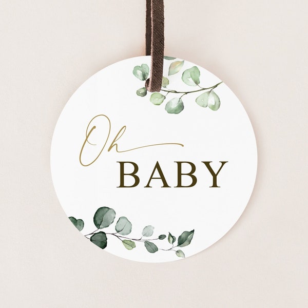 Printable Oh Baby Tags Stickers Labels Cupcake Toppers . Greenery and Gold . Baby Shower Champagne Bottle Favors . 2.25" Instant Download