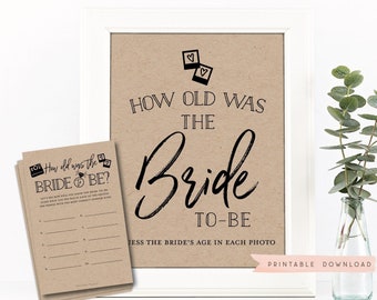 How Old was the Bride to Be Game Sign + Cards . Bridal Shower . Bachelorette Hens Party .  Kraft + Black White . Instant Download Printable