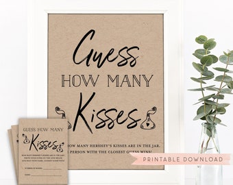 Guess How Many Kisses Game Sign + Cards . Bridal Shower . Bachelorette Party . Wedding Shower . Hens Party . Baby Shower . Kisses for Mrs.