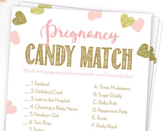 Pregnancy Candy Match Printable Game . Pink and Gold Hearts Baby Shower Girl . Instant Download PDF