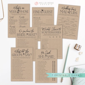 May include: Seven printable wedding games with a rustic brown paper background. The games include "What's on Your Phone", "Find the Guest", "Do You Know the Bride & Best", "What Did the Groom Say", "He Said She Said", "Bridal Shower Scattergories", and "Wedding Vows Mad Libs".