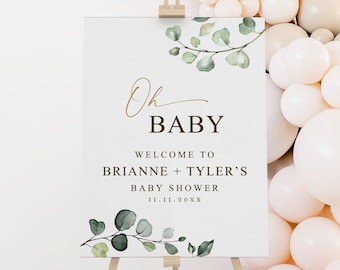 Oh Baby Welcome Personalized PRINTABLE Sign . Baby Shower Poster . Greenery and Gold . Baby Shower Decor . Digital Download G2