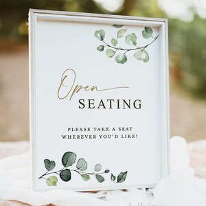 Open Seating Wedding Ceremony Sign Printable . Sit Anywhere . Greenery and Gold . Wedding Engagement Reception Party . G2