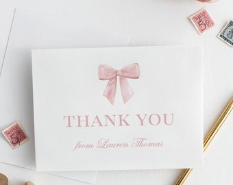 Thank You Card Pink Bow Editable Template, Bridal Baby Shower Sprinkle Gender Reveal Thank You,  PRINTABLE Instant Digital Download TEMPLETT