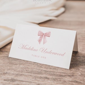 Pink Bow Place Card Editable Template, Table Name Cards Tags, Bridal Bachelorette Baby Shower Sprinkle, PRINTABLE Instant Download TEMPLETT