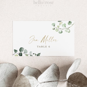 Imprimibles de tarjetas de lugar personalizadas. Boda, fiesta de compromiso, despedida de soltera, baby shower. Verde y oro. Descarga Digital G2
