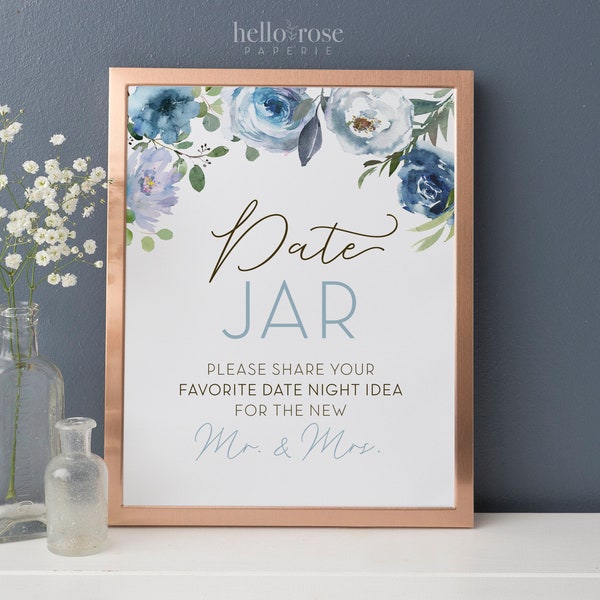 Date Night Ideas Jar Printable Sign . Blue Floral Watercolor . Bridal Shower Wedding Engagement Bachelorette Hens . Instant Digital Download