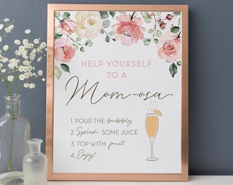 MOMosa Bar Sign Printable . Pink Floral Greenery Watercolor . Baby Shower Bubbly Mimosa Bar Sign . Instant Download 8x10