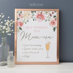 MOMOSa Barbord afdrukbaar. Roze bloemen groen aquarel. Babyshower Bubbly Mimosa Barbord. Direct downloaden 8x10