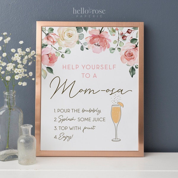 MOMosa Bar Sign Printable . Pink Floral Greenery Watercolor . Baby Shower Bubbly Mimosa Bar Sign . Instant Download 8x10