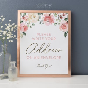 Bitte schreiben Sie Ihre Adresse auf einen Umschlag Printable Sign 8x10. Rosa Blumen Aquarell. Baby Brautparty Hochzeit. Sofort Download