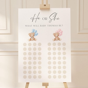 He or She What Will Baby Be, Gender Guess Sign, Bear with Pink Blue Balloons Baby Gender Reveal Game, Editable Template Download TEMPLETT