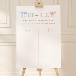 He or She What Will Baby Be, Gender Guess Sign, Pink and Blue Bow Baby Gender Neutral, Gender Reveal Game, Template Download TEMPLETT