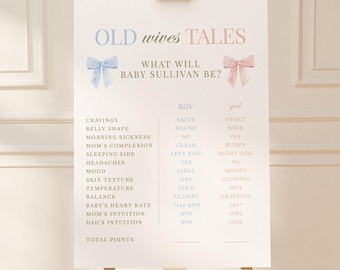 Old Wives Tales Sign Template, Gender Reveal Sign, Gender Reveal Game, Pink Blue Bow Baby Shower, Gender Neutral, Template Download TEMPLETT