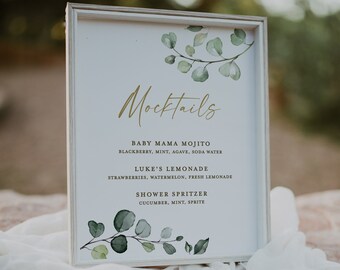 Mocktails Bar Sign . Greenery + Gold . Wedding Engagement Bridal Baby Shower Bachelorette Party . Template Instant Download Templett G2-T