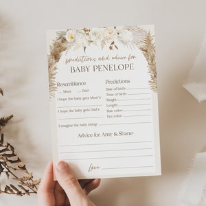 Prédictions et conseils pour bébé Jeu personnalisé. Douche de bébé Boho Pampas florale blanche. IMPRIMABLE Modèle modifiable Téléchargement instantané Templett