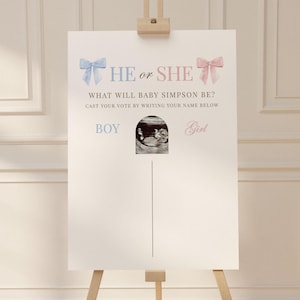 He or She What Will Baby Be with Ultrasound Sign, Gender Guess, Pink and Blue Bow Baby, Gender Reveal Game, Template Download TEMPLETT