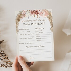 Babyvoorspellingen en advies Gepersonaliseerd spel. Roze bloemen Boho Pampa's babyshower. AFDRUKBARE bewerkbare sjabloon. Tempelt downloaden