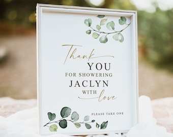 Personalized Thank You for Showering the Bride with Love Favors Sign . Baby Bridal Shower Wedding Party. Greenery and Gold . Printable G2