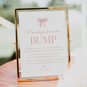 Può includere: Un cartello con cornice dorata con un fiocco rosa e il testo "A message from the BUMP" in corsivo rosa. Il cartello recita: "Grazie per essere qui per la mia mamma. Non passerà molto tempo prima che io esca dalla sua pancia. Non potrò essere lì per ringraziarvi tutti, ma so che mia mamma vi ama tutti. So che voi tutti non vedete l'ora che io arrivi, quindi create dei ricordi e conservateli con cura. Baby Harper."