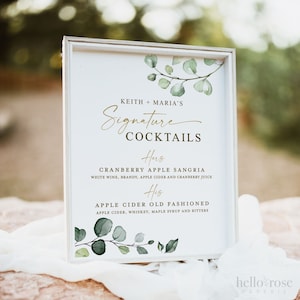 Our Signature Cocktails Wedding Bar Menu Sign . Personalized Printable with Signature Drinks . Greenery and Gold .  Digital Download . G2