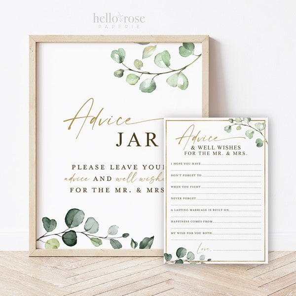 Advice and Well Wishes for the Mr and Mrs Cards + Sign Printable . Greenery + Gold . Bridal Shower Bachelorette Party . Instant Download G2