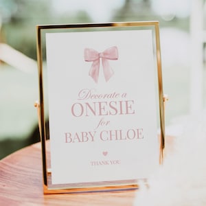 Dekorieren Sie einen Onesie für Baby-Zeichen, rosa Bogen-Mädchen-Babyparty, Baby-Strampler-Dekorationsstation, bearbeitbare Vorlage Digitaler Download TEMPLETT