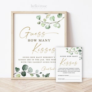 Guess How Many Kisses Cards and Sign Printable . Greenery + Gold . Bridal Shower Wedding Bachelorette Hens Party . Instant Download G2