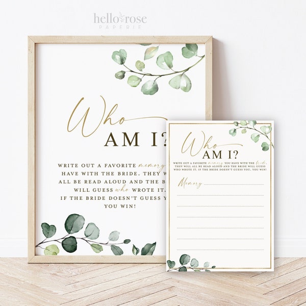 Who Am I Bridal Shower Bachelorette Printable Game Sign + Cards . Favorite Memories with the Bride . Greenery and Gold . Instant Download G2