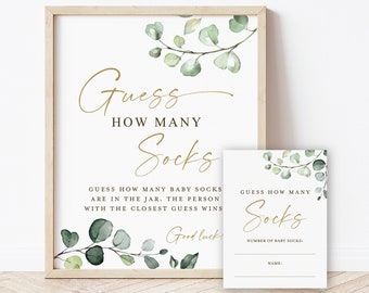 Guess How Many Baby Socks Game Sign and Cards . Boy Girl Neutral Baby Shower . Greenery and Gold Boho Rustic . 8x10 Sign Instant Download G2