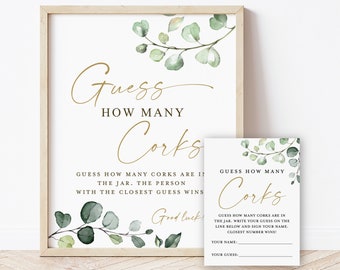 Guess How Many Corks Cards and Sign Printable . Greenery + Gold . Bridal Shower Wedding Bachelorette Hens Party . Instant Download G2