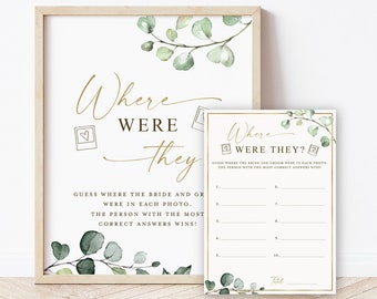 Where Were They Game Cards + Sign Printable . Where in the World . Greenery + Gold . Bridal Shower Bachelorette Party . Instant Download G2