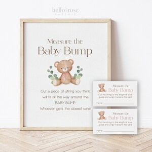 Meça o sinal de jogo para impressão + cartas do ursinho de pelúcia Baby Bump. Chá de bebê menino azul. Podemos esperar. Verdura. Download instantâneo 8x10