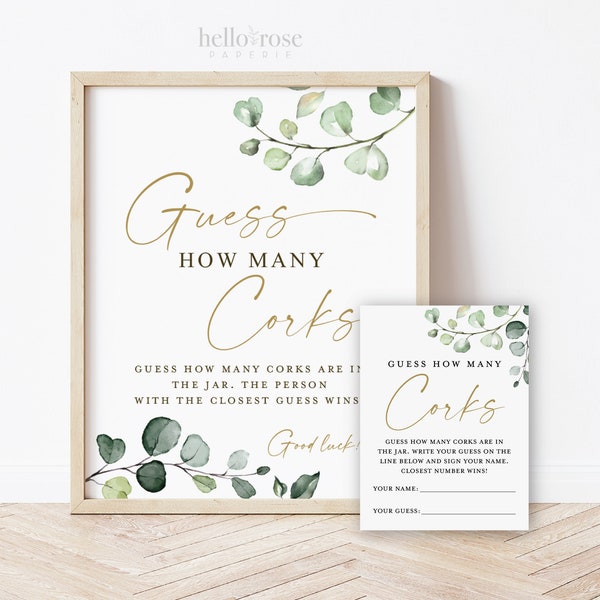 Guess How Many Corks Cards and Sign Printable . Greenery + Gold . Bridal Shower Wedding Bachelorette Hens Party . Instant Download G2