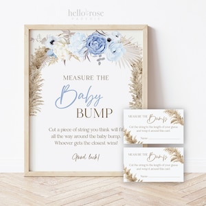 Meça o sinal + cartas do jogo Baby Bump Baby Shower. Chá de bebê menino. Boho Pampas Grass Azul Floral. Download instantâneo do sinal 8x10