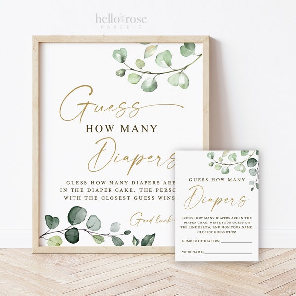 Guess How Many Diapers in the Diaper Cake Game Sign and Cards . Boy Girl Neutral Baby Shower . Greenery and Gold . 8x10 Instant Download G2